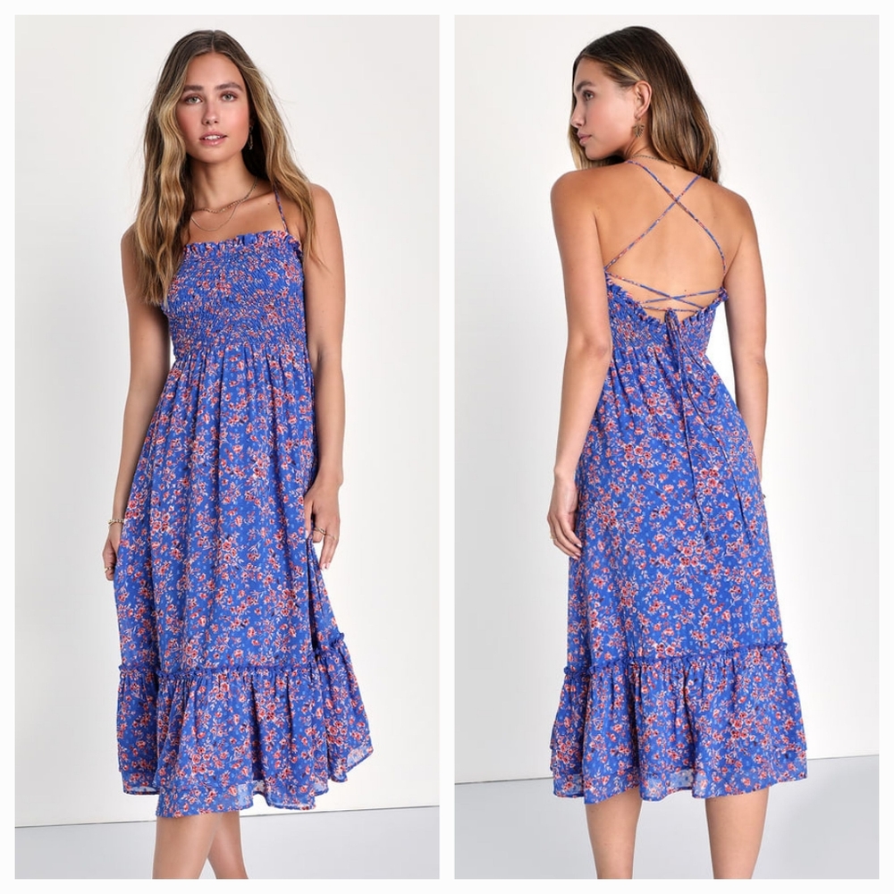 NWOT Lulu's Precious Personality Blue Floral Smocked Backless Midi Dress - Picture 1 of 12
